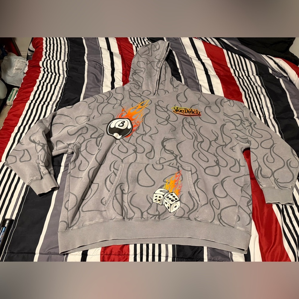 Von Dutch Gray Hoodie with Flame 8-Ball and Dice Graphics 2XL